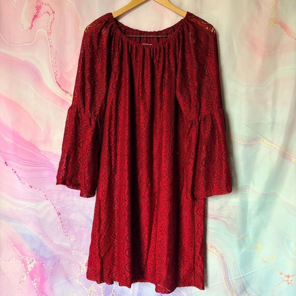L&B M Red Lace Dress Bell Sleeve NWT Western Romantic Hippie Boho Preppy Holiday